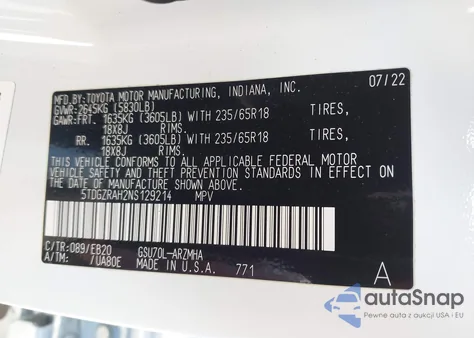 2022 Toyota Highlander Xle из США, поврежденный, VIN 5TDGZRAH2NS129214